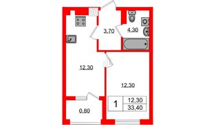 Квартира в ЖК «Дом на Красной», 1 комнатная, 33.4 м², 8 этаж