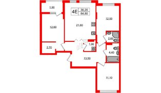 Квартира в ЖК «Дом на Красной», 3 комнатная, 84.8 м², 4 этаж