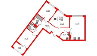 Квартира в ЖК «Дом на Красной», 3 комнатная, 77.3 м², 8 этаж