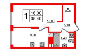 Квартира в ЖК «Дом на Красной», 1 комнатная, 35.4 м², 2 этаж
