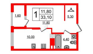 Квартира в ЖК «Дом на Красной», 1 комнатная, 33.1 м², 7 этаж