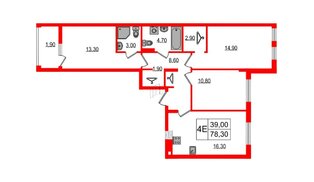 Квартира в ЖК «Дом на Красной», 3 комнатная, 78.3 м², 6 этаж