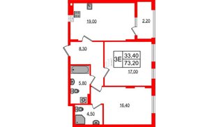 Квартира в ЖК «Дом на Красной», 2 комнатная, 73.2 м², 5 этаж