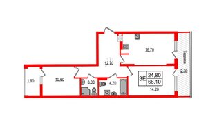 Квартира в ЖК «Дом на Красной», 2 комнатная, 66.1 м², 7 этаж