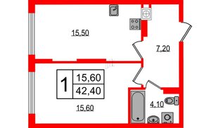 Квартира в ЖК «Дом на Красной», 1 комнатная, 42.4 м², 4 этаж