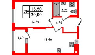 Квартира в ЖК «Дом на Красной», 1 комнатная, 39.9 м², 2 этаж