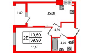 Квартира в ЖК «Дом на Красной», 1 комнатная, 39.9 м², 3 этаж