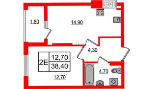 Квартира в ЖК «Дом на Красной», 1 комнатная, 38.4 м², 7 этаж