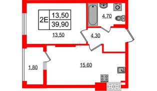 Квартира в ЖК «Дом на Красной», 1 комнатная, 39.9 м², 4 этаж