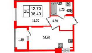 Квартира в ЖК «Дом на Красной», 1 комнатная, 38.4 м², 7 этаж