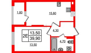 Квартира в ЖК «Дом на Красной», 1 комнатная, 39.9 м², 2 этаж