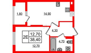 Квартира в ЖК «Дом на Красной», 1 комнатная, 38.4 м², 8 этаж