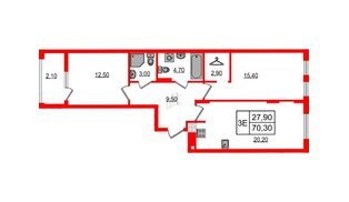 Квартира в ЖК «Дом на Красной», 2 комнатная, 70.3 м², 3 этаж