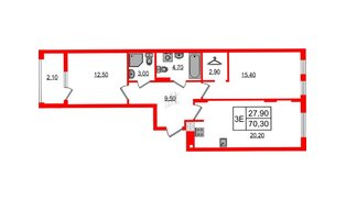 Квартира в ЖК «Дом на Красной», 2 комнатная, 70.3 м², 6 этаж