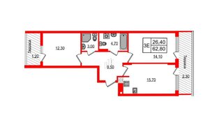 Квартира в ЖК «Дом на Красной», 2 комнатная, 68.8 м², 8 этаж