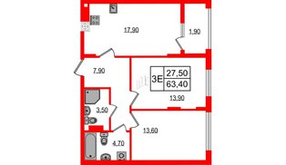 Квартира в ЖК «Дом на Красной», 2 комнатная, 63.4 м², 5 этаж