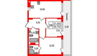 Квартира в ЖК «Дом на Красной», 2 комнатная, 55.7 м², 8 этаж