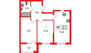 Квартира в ЖК «Дом на Красной», 2 комнатная, 58.1 м², 1 этаж