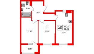 Квартира в ЖК «Дом на Красной», 2 комнатная, 58.1 м², 7 этаж