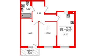 Квартира в ЖК «Дом на Красной», 2 комнатная, 57.3 м², 8 этаж