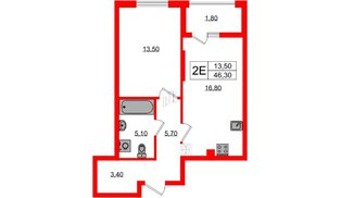 Квартира в ЖК «Дом на Красной», 1 комнатная, 46.3 м², 1 этаж