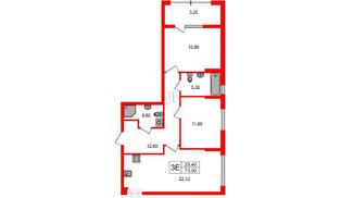 Квартира в ЖК «Дом на Красной», 2 комнатная, 73 м², 1 этаж