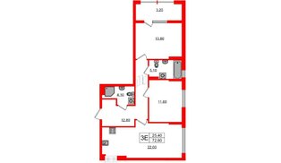 Квартира в ЖК «Дом на Красной», 2 комнатная, 72.6 м², 5 этаж