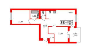 Квартира в ЖК «Сиреневый бульвар», 2 комнатная, 71.5 м², 3 этаж