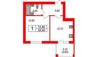 Квартира в ЖК «Сиреневый бульвар», 1 комнатная, 39.9 м², 4 этаж