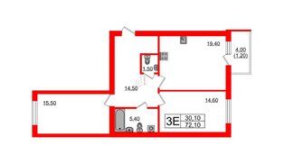 Квартира в ЖК «Сиреневый бульвар», 2 комнатная, 72.1 м², 3 этаж