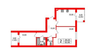 Квартира в ЖК «Сиреневый бульвар», 2 комнатная, 63.8 м², 4 этаж