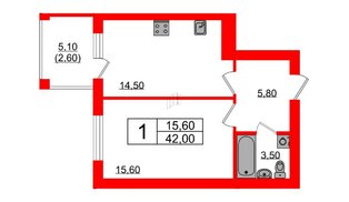 Квартира в ЖК «Сиреневый бульвар», 1 комнатная, 42 м², 4 этаж