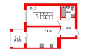 Квартира в ЖК «Сиреневый бульвар», 1 комнатная, 42.1 м², 4 этаж