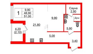 Квартира в ЖК «Вдохновение» ЭКОквартал «Русская Европа», 1 комнатная, 51 м², 10 этаж