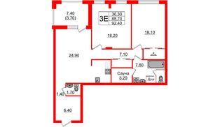 Квартира в ЖК «Вдохновение» ЭКОквартал «Русская Европа», 2 комнатная, 92.4 м², 5 этаж