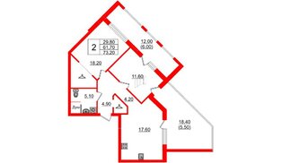 Квартира в ЖК «Вдохновение» ЭКОквартал «Русская Европа», 2 комнатная, 73.2 м², 9 этаж