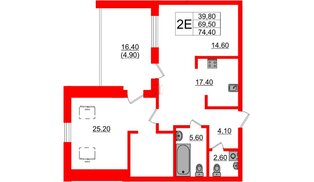 Квартира в ЖК «Вдохновение» ЭКОквартал «Русская Европа», 2 комнатная, 74.4 м², 12 этаж