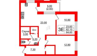 Квартира в ЖК «Вдохновение» ЭКОквартал «Русская Европа», 2 комнатная, 64.6 м², 12 этаж