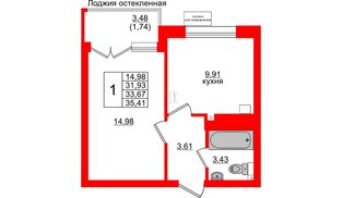 Квартира в ЖК Лэйк Сити-11, 1 комнатная, 33.67 м², 5 этаж