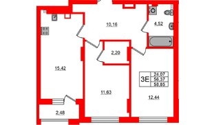 Квартира в ЖК «Новая история», 2 комнатная, 58.85 м², 1 этаж