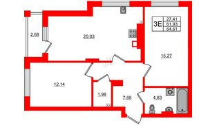 Квартира в ЖК «Новая история», 2 комнатная, 64.61 м², 3 этаж