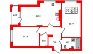 Квартира в ЖК «Новая история», 2 комнатная, 64.61 м², 4 этаж