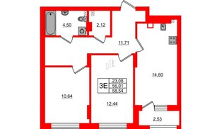 Квартира в ЖК «Новая история», 2 комнатная, 58.54 м², 1 этаж