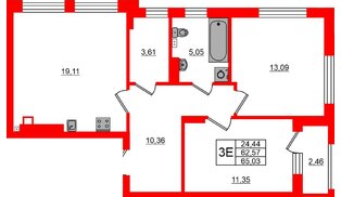 Квартира в ЖК «Новая история», 2 комнатная, 65.03 м², 1 этаж