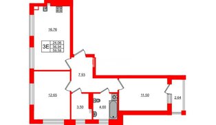 Квартира в ЖК «Новая история», 2 комнатная, 59.58 м², 5 этаж