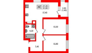 Квартира в ЖК «River Park», 2 комнатная, 51.8 м², 3 этаж