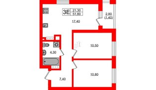 Квартира в ЖК «River Park», 2 комнатная, 51.8 м², 5 этаж