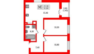 Квартира в ЖК «Речной Парк», 2 комнатная, 51.8 м², 7 этаж