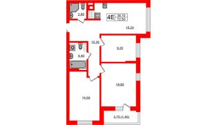 Квартира в ЖК «Речной Парк», 3 комнатная, 72.5 м², 5 этаж