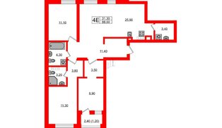 Квартира в ЖК «River Park», 3 комнатная, 88 м², 6 этаж